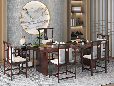 Chinese Style Wooden Tea Table and Chairs with Tea Set Decorative Painting and Bookshelf 3d model