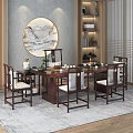 Chinese Style Wooden Tea Table and Chairs with Tea Set Decorative Painting and Bookshelf