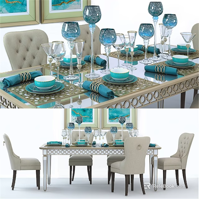 Elegant Dining Table And Chairs With Blue Tableware Beige Upholstered Seats And Decorative Metal Frame 3d model 