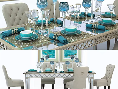 Elegant Dining Table And Chairs With Blue Tableware Beige Upholstered Seats And Decorative Metal Frame 3d model