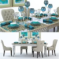 Elegant Dining Table And Chairs With Blue Tableware Beige Upholstered Seats And Decorative Metal Frame