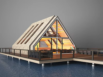 Triangle Shaped Wooden House On Water With Large Windows And Deck Railings 3d model