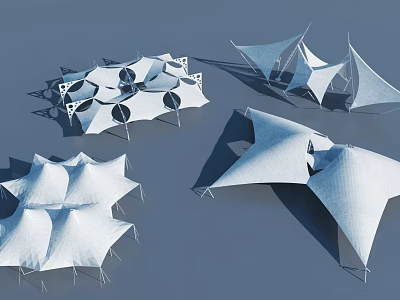 Tensile Membrane Architectural Structures With Different Geometric Shapes And White Fabric Designs 3d model