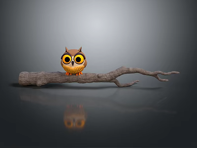 Cute Owl Perched on a Tree Branch with Gray Background and Reflection 3d model