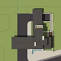 Modern Detached House With Black Sloped Roof Multiple Windows Courtyard And Driveway