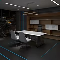 Modern Office Interior Design With Desk Chairs Sofa Yellow Sculpture Gray Walls And Ceiling Lights