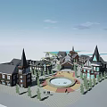 Traditional European Commercial Street With Red Brick Buildings Spires And Stone Plaza Pavement