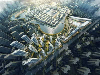 Aerial Planning Of Modern Urban District With Buildings And Water Bodies 3d model