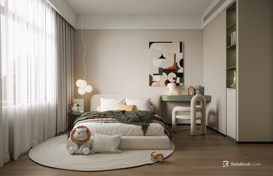 Cozy Children's Bedroom With Plush Toys Round Rug And Art Decor 3d model 