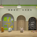Kindergarten Interior With Wooden Cabinets Circular Reception Desk Pendant Lights And Colorful Stools