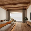 Cozy Hotel Guest Room With Wooden Ceiling Floor TV Sofa Bed And Green Plant