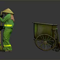 A Man Wearing Green Work Uniform And Conical Hat Sweeping With Broom And Handcart