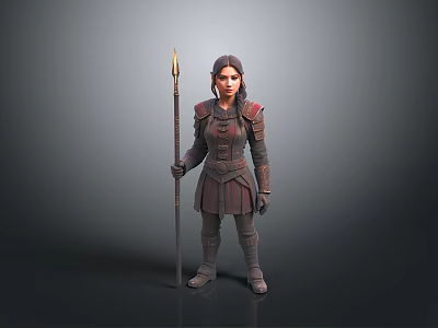 Female Warrior in Medieval Armor Holding Long Spear Standing Pose 3d model