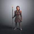 Female Warrior in Medieval Armor Holding Long Spear Standing Pose