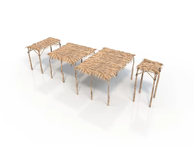 Simple Thatched Roof Huts With Wooden Supports And Open Structure Design 3d model