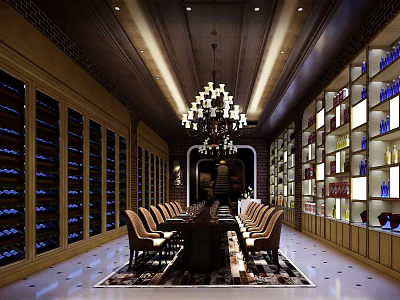 Elegant Club Interior With Long Dining Table Leather Chairs Chandelier and Wine Racks 3d model