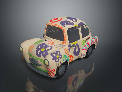 Playful Cartoon Style Car Adorned With Colorful Flowers And Number Patterns 3d model