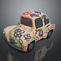 Playful Cartoon Style Car Adorned With Colorful Flowers And Number Patterns