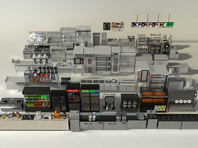 Various Types Of Modern Kitchen Appliances Collection With Display Racks And Equipment 3d model