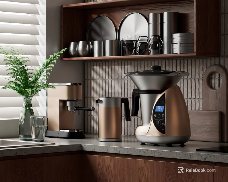 Kitchen Appliances On Marble Countertop With Coffee Machine Wooden Cabinets And Green Plant 3d model 