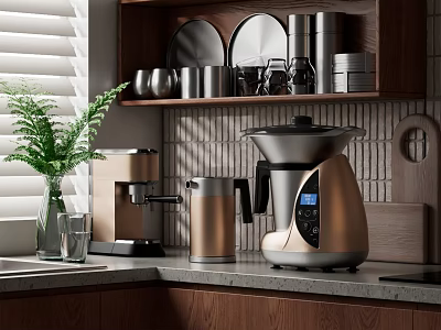 Kitchen Appliances On Marble Countertop With Coffee Machine Wooden Cabinets And Green Plant 3d model