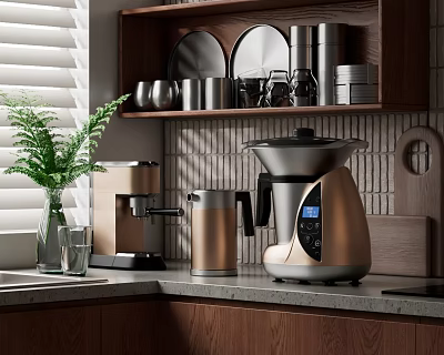 Kitchen Appliances On Marble Countertop With Coffee Machine Wooden Cabinets And Green Plant 3d model