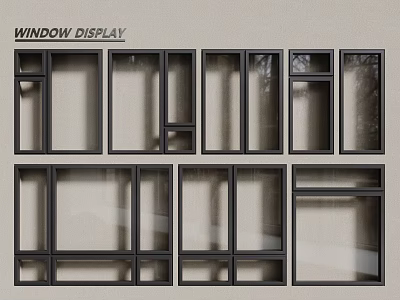 Casement Windows Display Featuring Various Grid Designs And Black Frames 3d model