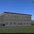 Multi Story Office Building With Gray Exterior Large Windows And Green Lawn