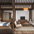 Traditional Chinese Hotel Guest Room Interior With Wooden Beams Sofa Bed And Balcony View