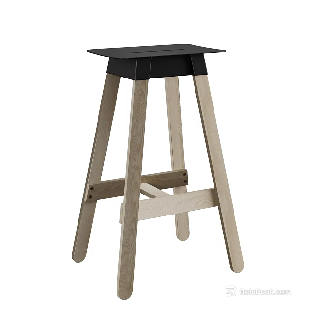 Modern Wooden Stool With Black Square Seat Light Wood Legs And Crossed Support Design 3d model 