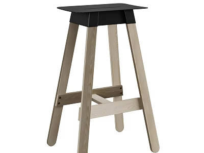 Modern Wooden Stool With Black Square Seat Light Wood Legs And Crossed Support Design 3d model