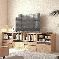 Wooden TV Cabinet With Drawers Compartments And Decorative Items Like Photo Frames Books