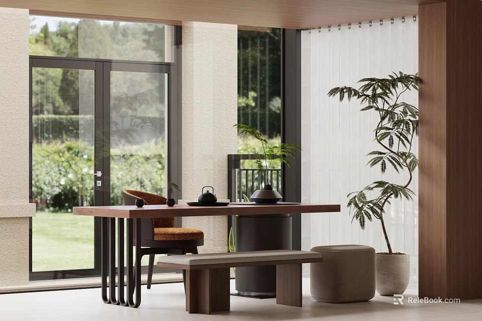 Modern Tea Room Interior With Wooden Table Bench Green Plants Large Windows And Outdoor Garden 3d model 