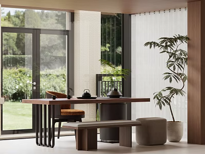 Modern Tea Room Interior With Wooden Table Bench Green Plants Large Windows And Outdoor Garden 3d model