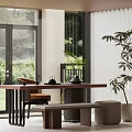 Modern Tea Room Interior With Wooden Table Bench Green Plants Large Windows And Outdoor Garden