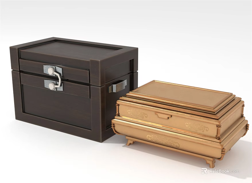 Brown And Gold Decorative Storage Chests With Carvings And Metal Locks 3d model 