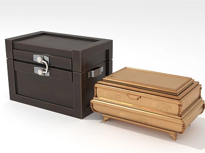 Brown And Gold Decorative Storage Chests With Carvings And Metal Locks 3d model