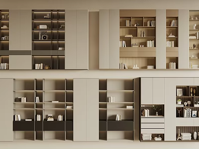 Modern Minimalist Bookcase With Open Shelves Closed Cabinets And Storage Drawers 3d model