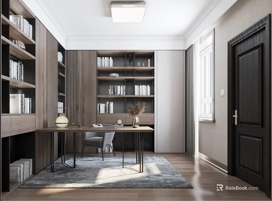 Modern Study Room Interior Design With Wooden Bookshelves Desk Chair And Area Rug 3d model 