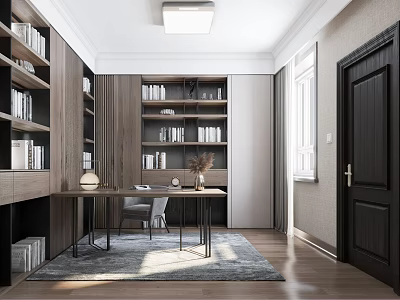 Modern Study Room Interior Design With Wooden Bookshelves Desk Chair And Area Rug 3d model