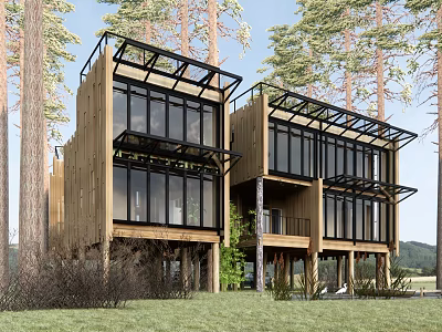 Modern Detached Villa Featuring Wooden Exterior Large Glass Windows And Tree Surroundings 3d model