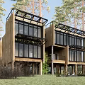 Modern Detached Villa Featuring Wooden Exterior Large Glass Windows And Tree Surroundings