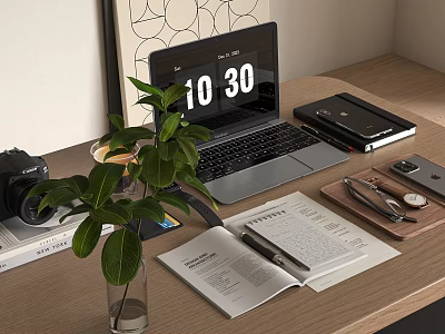 Modern Laptop On Wooden Desk With Green Plant Camera Notebook Pen And Smartphone 1030 3d model