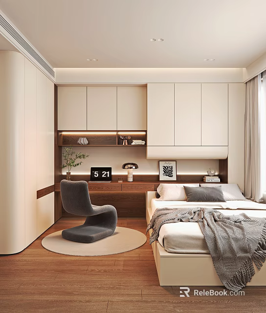 Modern Tatami Bedroom Interior Design With Wooden Floor Built in Wardrobes Desk And Comfy Chair 3d model 