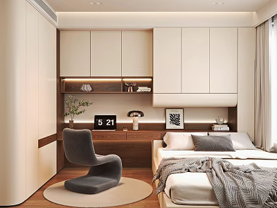 Modern Tatami Bedroom Interior Design With Wooden Floor Built in Wardrobes Desk And Comfy Chair 3d model