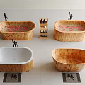 Wooden And White Bathtubs With Red Flower Petals Shower Product Shelf And Black Bath Mats