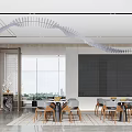 Modern Sales Office Interior Design With Tables Chairs Large Windows And Ceiling Decorations