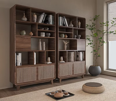 Modern Wooden Bookshelf with Books Decorative Items Multiple Shelves Woven Doors and Green Plant 3d model