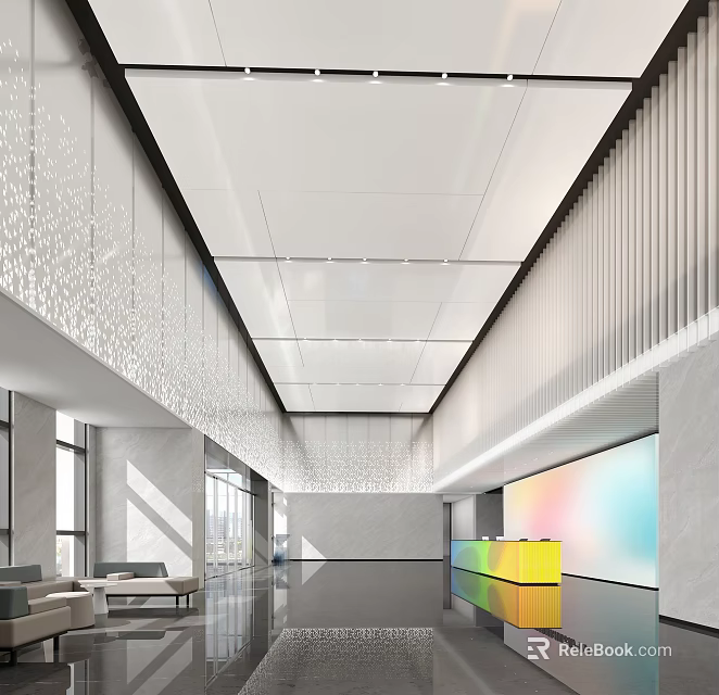 Modern Bright Corporate Lobby With Vibrant Stylish Reception Desk And Comfortable Waiting Lounge Area 3d model 
