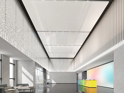 Modern Bright Corporate Lobby With Vibrant Stylish Reception Desk And Comfortable Waiting Lounge Area 3d model